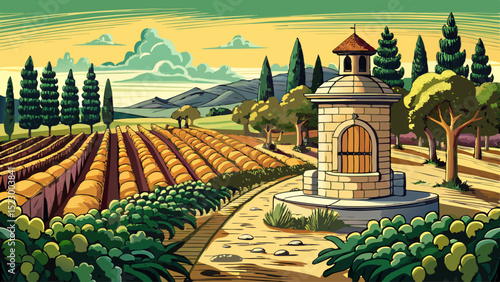 Engraved vineyard and stone structure illustration for historical design and decoration
