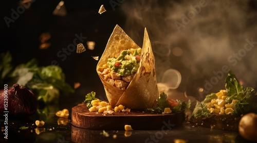 wrapped burrito on a small wooden board
