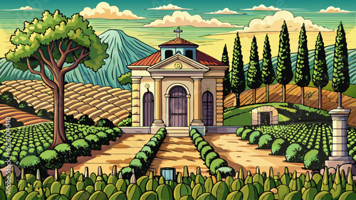 Engraved vineyard and stone structure illustration for historical design and decoration
