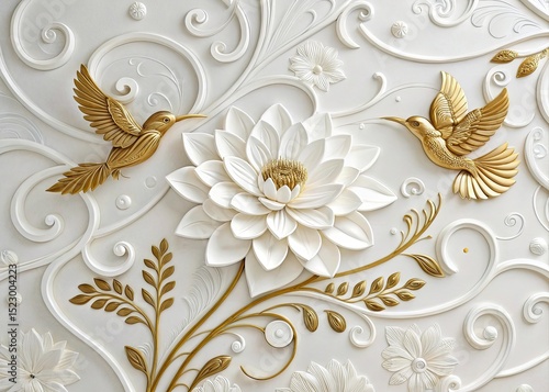 Elegant white gold floral bird 3d wall art