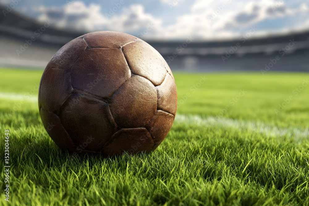 Fototapeta premium Antique-style soccer ball on vibrant green turf, stadium backdrop, classic sports vibe.