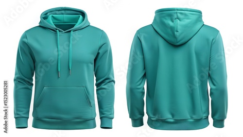 Solid Teal Hoodie Both View on White Background