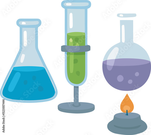 Laboratory Glassware Erlenmeyer Flask, Test Tube, Round-Bottom Flask, and Bunsen Burner Illustration