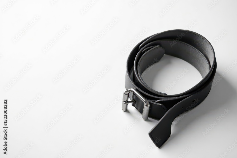 A Rolled Dark Leather Belt with a Simple Metal Buckle on a Plain White Background A Rolled Dark Leather Belt with a Simple Metal Buckle on a Plain White Background