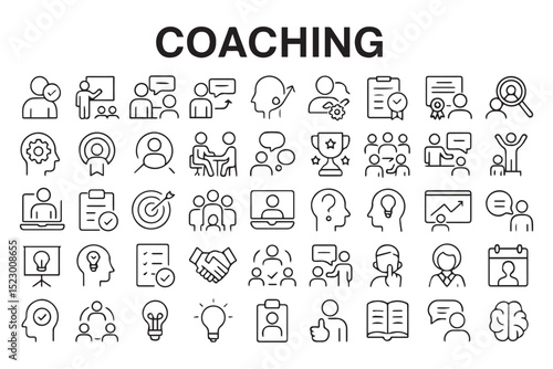 Coaching, mentorship, and success icons with symbols for development, achievement, and teamwork in black and white   icon set