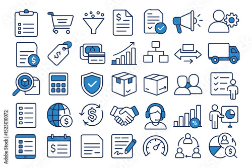Finance, sales, and business management icons featuring analytics, transactions, and shipping in a blue color scheme   icon set