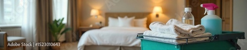 A neatly made hotel maid's service cart stocked with fresh towels, linens, toiletries, and cleaning supplies, ready for room service ,  interior,  equipment,  cart full