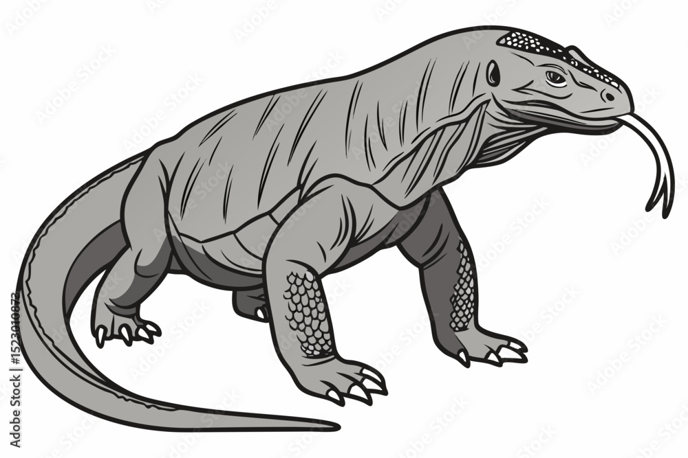 Fototapeta premium Komodo dragon walking with tongue out in full-body grayscale vector style