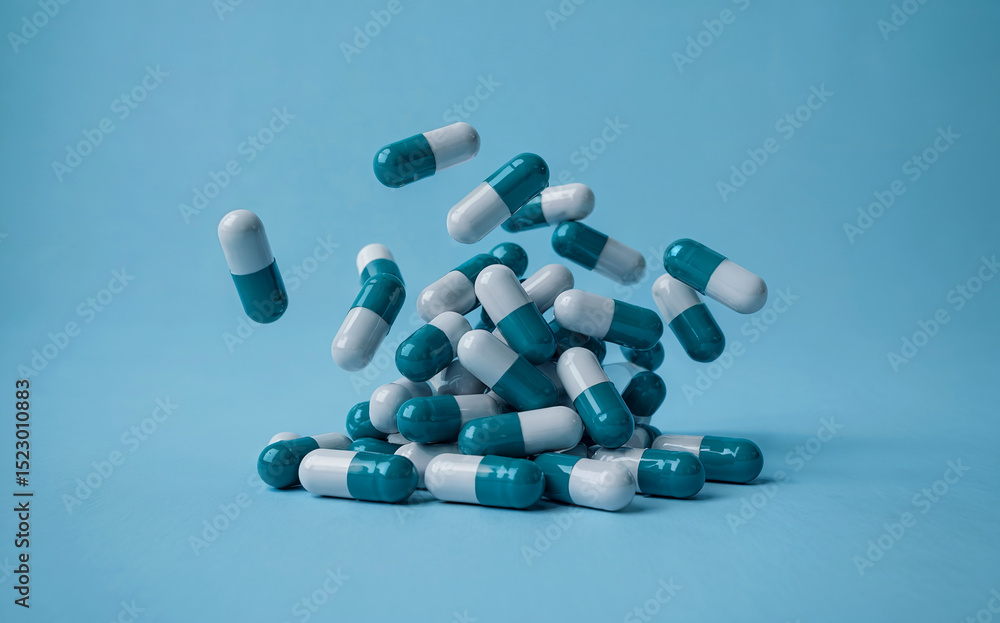 Blue and White Pharmaceutical Capsules Falling into a Pile on Blue Background Blue and White Pharmaceutical Capsules Falling into a Pile on Blue Background