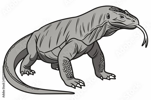 Komodo dragon walking with tongue out in full-body grayscale vector style