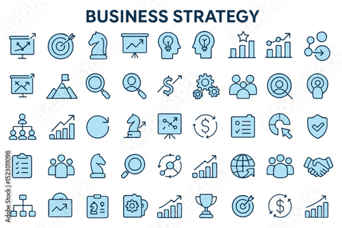 Business planning, growth, and strategy icons focusing on leadership, analytics, and progress in blue   icon set