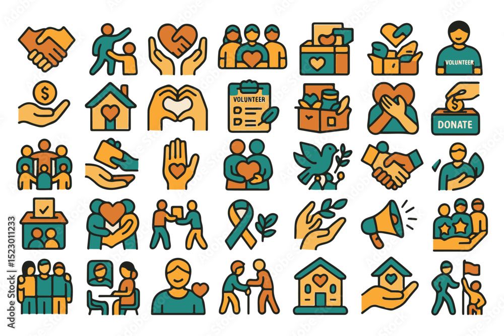 custom made wallpaper toronto digitalCommunity, philanthropy, and donation icons highlighting love, support, and social impact in colorful style icon set