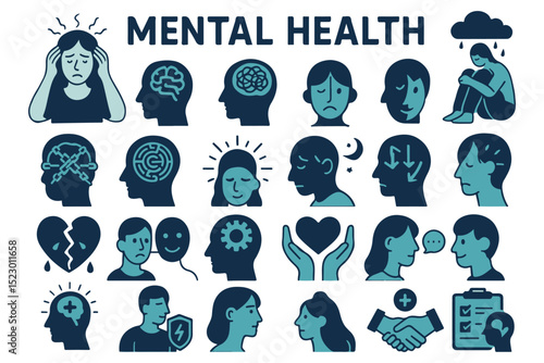 Mental health support, therapy, and emotional well being icons icon set