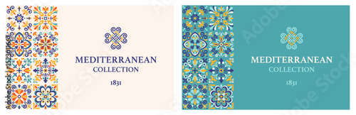 Label, cards or banner template with azulejo mosaic tile pattern, blue, turquoise, yellow colors, floral motifs. Mediterranean, Portuguese traditional vintage style. Vector illustration
