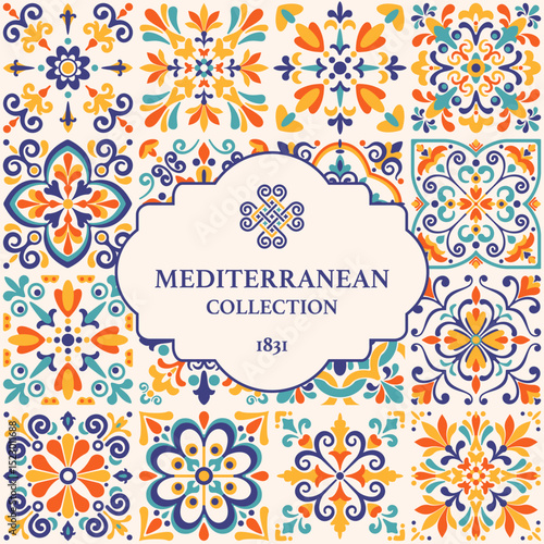 Label or banner template with azulejo mosaic tile pattern, blue, turquoise, yellow colors, floral motifs. Mediterranean, Portuguese traditional vintage style. Vector illustration