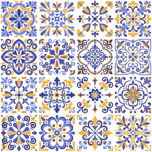 Azulejo tile pattern with floral motifs, pastel colors. Mediterranean, Portuguese traditional vintage ceramic majolica. Arabesque ethnic folk ornament. Vector illustration
