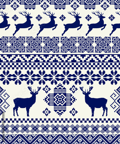 New Year's Christmas pattern pixel, card - scandynavian Norwegian sweater style.Traditional pixel ethnic pattern. Knitted Christmas Sweater Pattern Design or Cross Stitch Embroidery. Vector seamless 