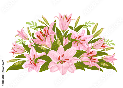 Floral decorative design element, vignette with pink lily flowers. Decor, floral composition with daylily, flowers, leaves and buds isolated on a white background. Vector illustration