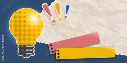 Collage in retro style, advertising banner background with halftone effect. Light bulb, cut from a newspaper or magazine, announcing training info, promotions, offers, new idea. Vector illustration
