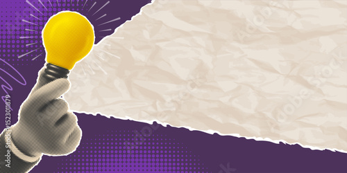 Collage in retro style, advertising banner background with halftone effect. Hand holding Light bulb, cut from a newspaper or magazine, announcing training info, promotions, offers, new idea. Vector