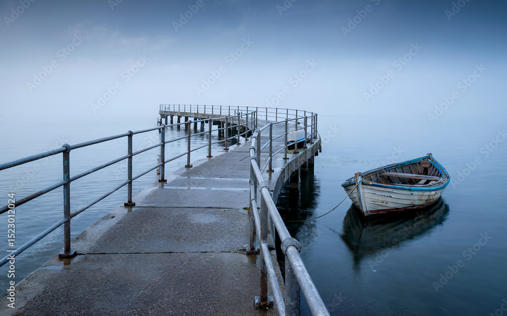 Fototapeta premium Serene Pier and Moored Boat on Calm Misty Water