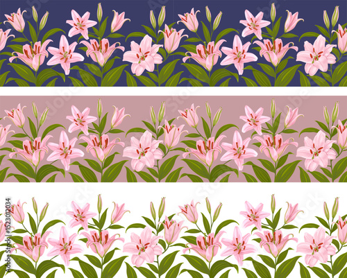 Horizontal seamless border with pattern of pink lily flowers, leaves and buds isolated on a white, pink or blue background. Cute floral botanical decoration. Vector illustration