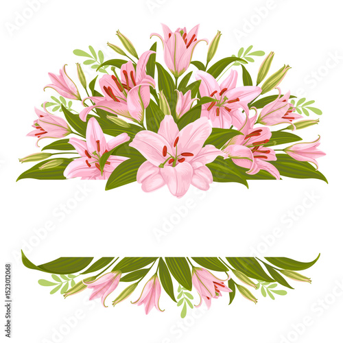 GGreeting card, label. Floral decorative vignette with pink lily flowers and copy space. Decor, composition with daylily, leaves and buds isolated on white background. Vector illustration