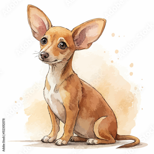 Fawn-colored Russian Toy dog with an attentive expression sitting against a beige watercolor background.