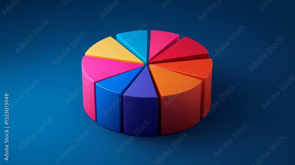 Obraz premium A sophisticated D pie chart with segmented pieces reflecting light, showcasing comparative financial data in a visually striking and informative format.