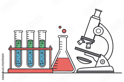 Chemistry science laboratory with various glass test tubes, beakers, and flasks for chemical experiments and medical research