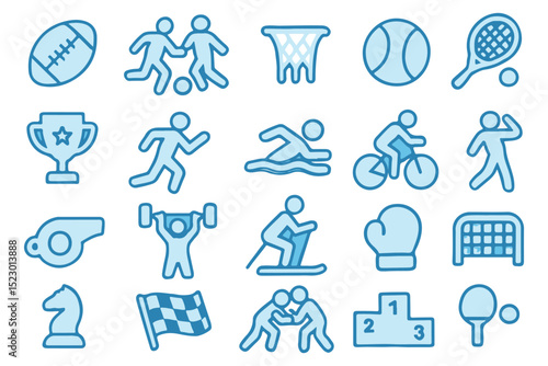 sports activity icons with athletes, football, basketball, cycling, swimming, and fitness equipment, perfect for sports designs icon set