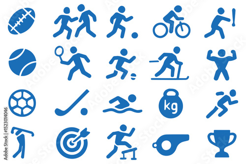 active lifestyle icons with various sports including soccer, swimming, tennis, cycling, fitness, and sports equipment, ideal for sports icon set