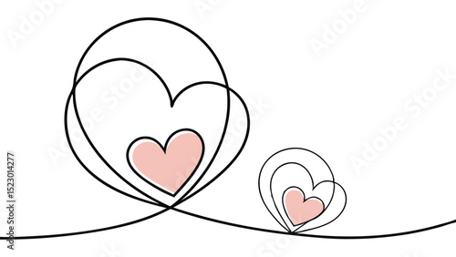 Minimalist Hearts Illustration One Continuous Line Drawing with Pink Fill on White Background