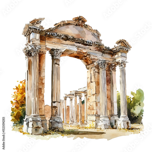 Roman Ruins, watercolor painting vector, high quality, isolated on a white background.