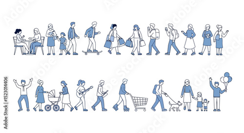Line art illustration of diverse people engaging in various activities