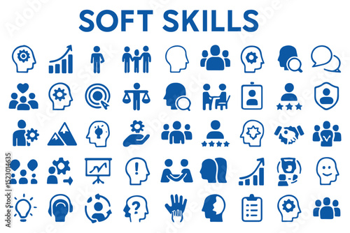 icons for soft skills training with teamwork, leadership, communication, conflict resolution, and problem solving abilities icon set