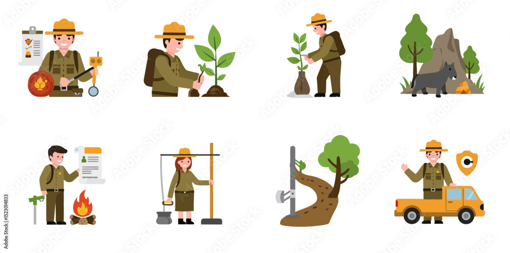 Fototapeta premium Park Rangers Performing Various Duties in Nature and Outdoors