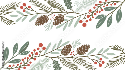 Elegant Holiday Border with Pine Cones Berries and Foliage on a White Background