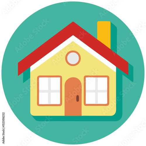 Flat design of a small home with red roof and yellow walls, ideal for real estate, web, or app use
