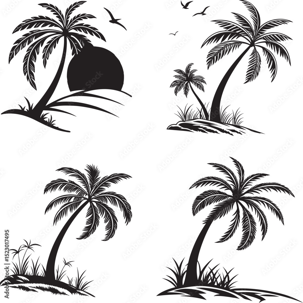 Fototapeta premium Silhouettes of tropical palm trees against a white background