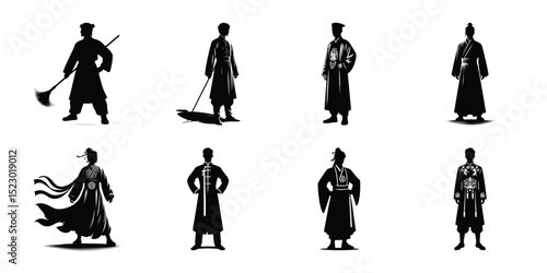 Black silhouette illustration of men in traditional outfits bundle