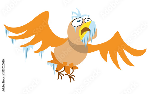 Funny orange bird flies tired from the cold with frozen wings and beak. Cartoon vector illustration.