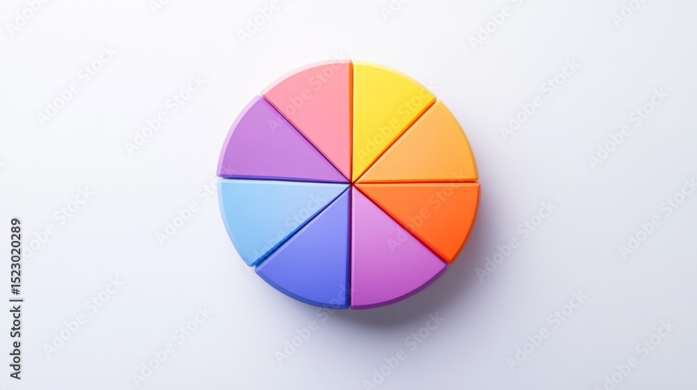 Obraz premium Colorful pie chart segmented into sections on a plain white background, sleek and modern, ideal for data visualization.