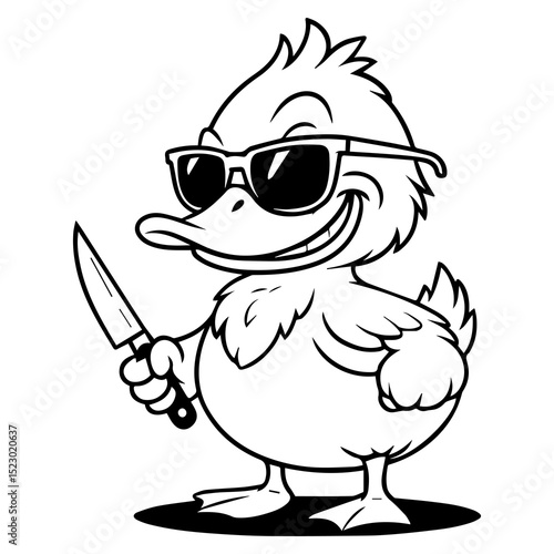 Grinning Duck's Dangerous Charm: A mischievous duck donning shades brandishes a knife, its playful grin hinting at a daring adventure or a humorous prank.