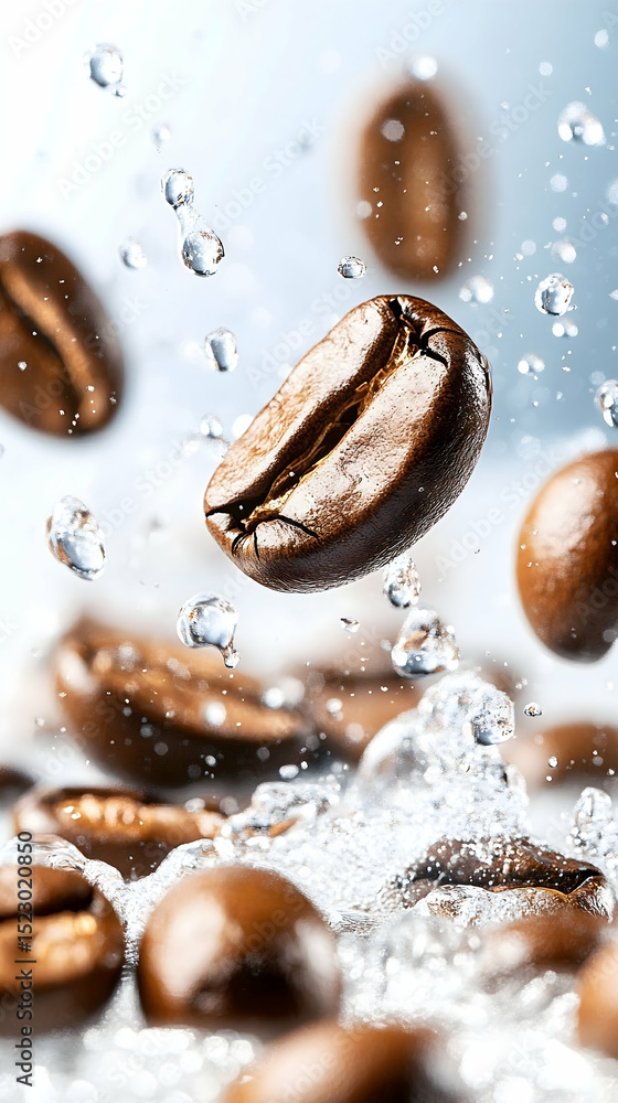 Roasted coffee beans suspended in water, splashing, close-up Roasted coffee beans suspended in water, splashing, close-up