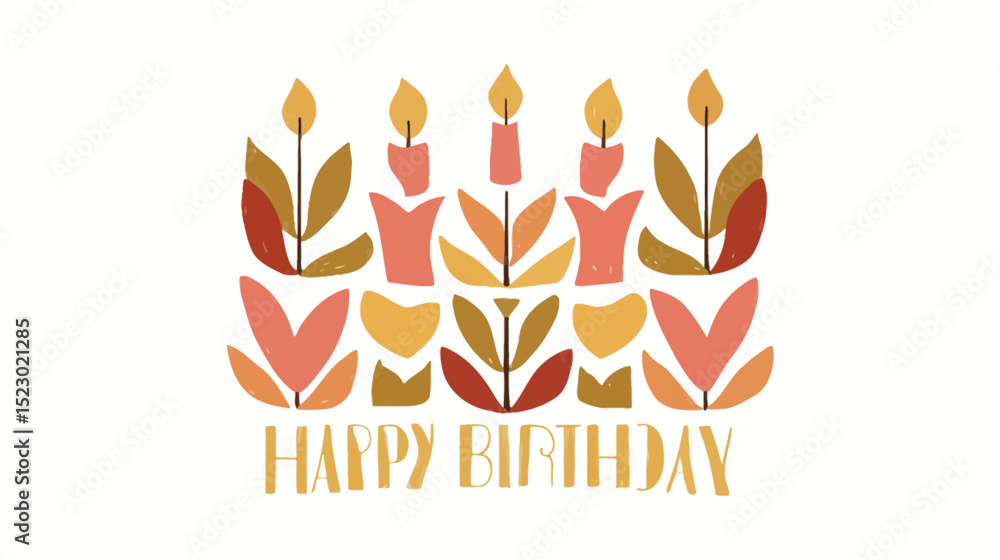 Fototapeta premium Whimsical happy birthday cake illustration with colorful leaves and hand lettering - perfect for eco-friendly celebration cards and nature-inspired designs 