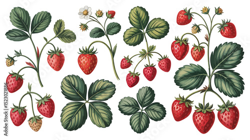 A Detailed Botanical Illustration of Strawberries Leaves, Flowers, and Berries