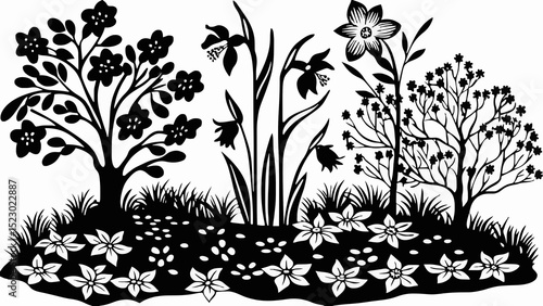 Silhouettes of variable spring plants.Silhouette of Wildflowers and Butterflies: A minimalist design with varied plants and butterflies, ideal for nature-themed projects.

