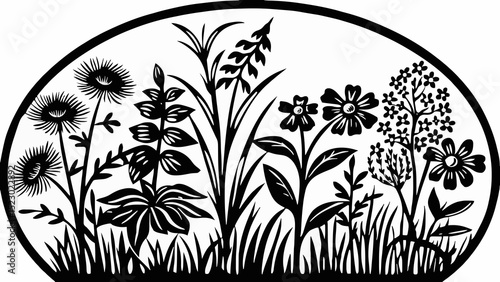 Silhouettes of variable spring plants.Silhouette of Wildflowers and Butterflies: A minimalist design with varied plants and butterflies, ideal for nature-themed projects.


