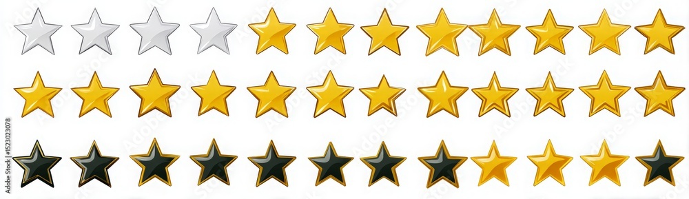 Fototapeta premium Rows of Star Rating Icons, Silver to Gold to Black